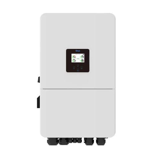 Front view of Deye 15kW 3 phase hybrid inverter with LCD screen and lower connection ports for solar systems.