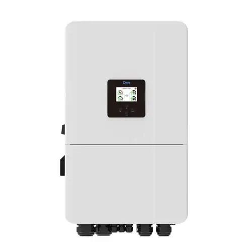 Front view of Deye 20kW 3 phase hybrid inverter with LCD screen and lower connection ports for solar systems.