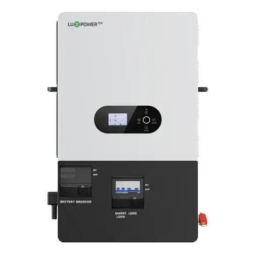 Front view of Luxpower 14kW Eco Hybrid Inverter with LCD screen and connection ports for solar energy systems.