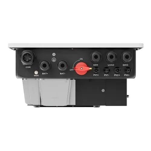 Luxpower 6.5kW Hybrid Inverter installed on wall showing compact design and ventilation for outdoor use.